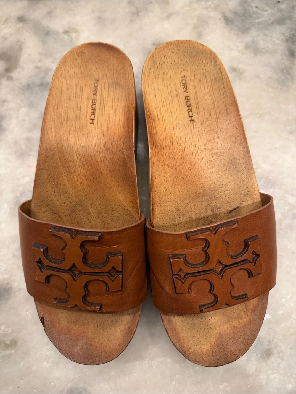 Tory Burch Tan Leather Ines Clog Slide with Logo